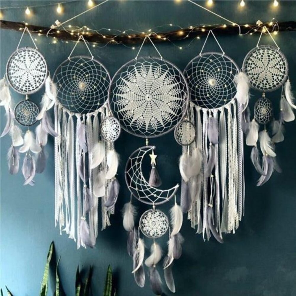 Moon Phase Dreamcatcher Set Boho Wall Decor (Color Grey)